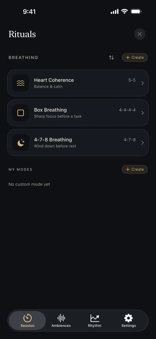 Yū Focus Rituals screen: three guided breathing techniques, Heart Coherence (5-5), Box Breathing (4-4-4-4) and 4-7-8 Breathing, then the My Modes section, empty for now, with a Create button.
