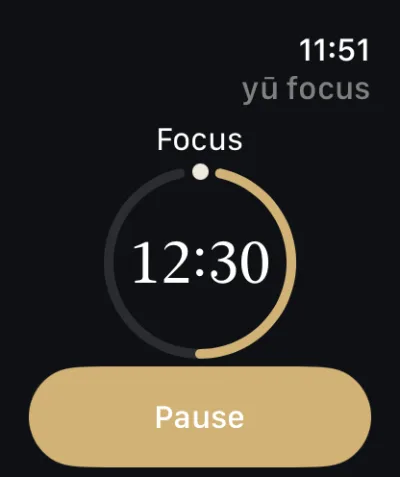 Apple Watch: the Focus timer shows 12:30 inside a gold ring, with a Pause button.